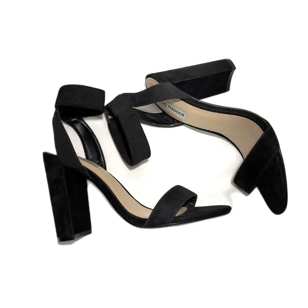 Steve Madden Women’s Velvet Black Block Heel Ankle Strap Leather Sandals Size 9